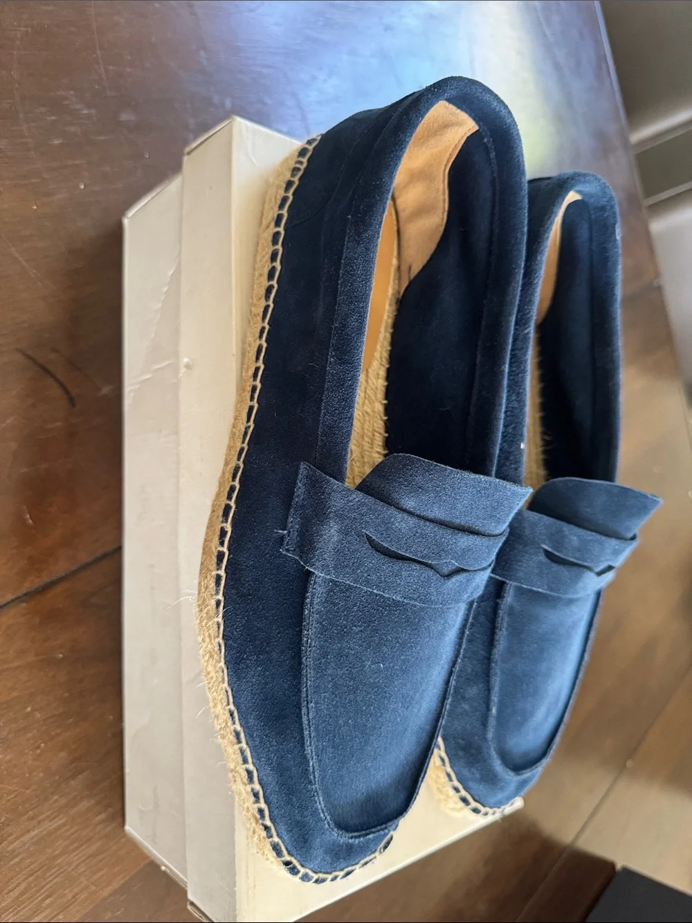 Reiss Navy Suede Penny Loafers with Espadrille Sole